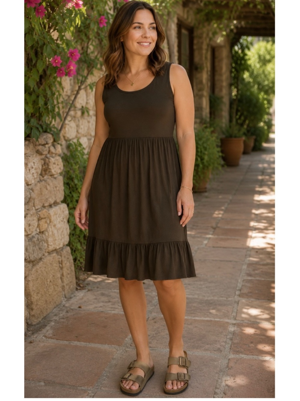 🦋🎯 Olive Green Sleeveless Shift Dress Scoop Neck Stretch Ruffle Hem NWT 1X